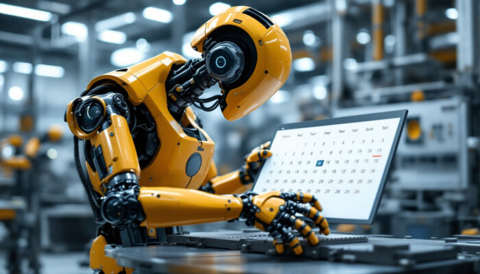 A photograph of a sleek industrial robot in action