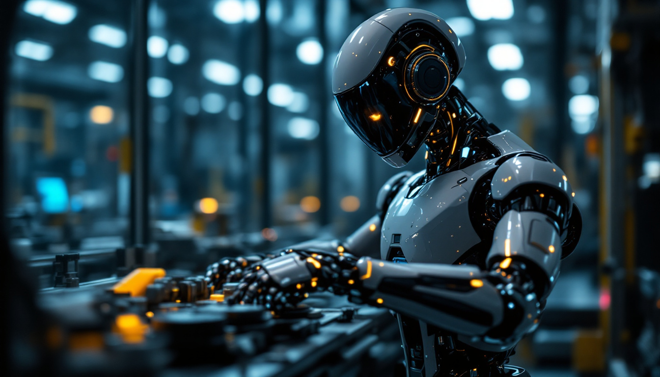 A photograph of a sleek industrial robot in action within a manufacturing environment