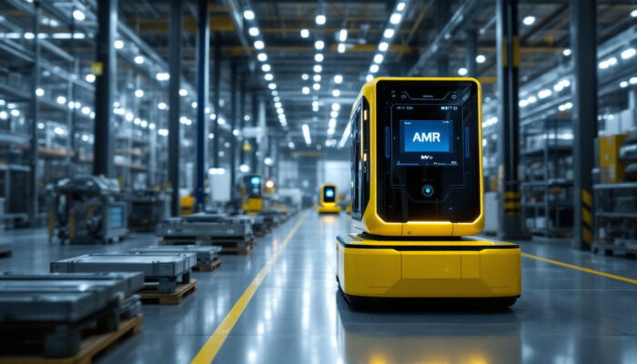 A photograph of a sleek amr automated mobile robot navigating through an industrial workspace