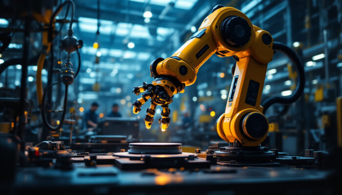 A photograph of a sleek industrial robotic arm in action within a modern manufacturing environment
