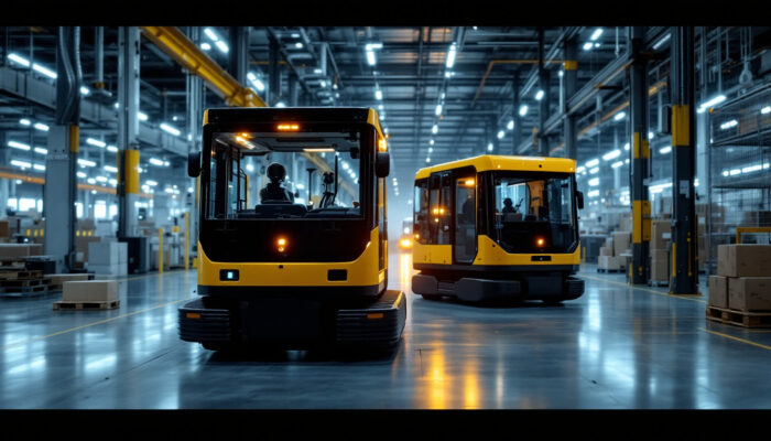 A photograph of a modern industrial setting featuring both automated guided vehicles (agvs) and autonomous mobile robots (amrs) in action