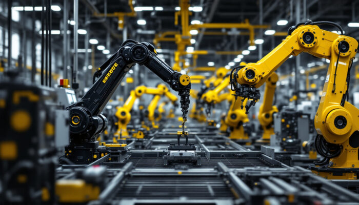 A photograph of a bustling industrial environment featuring a variety of robotic arms and automated machinery working collaboratively on an assembly line