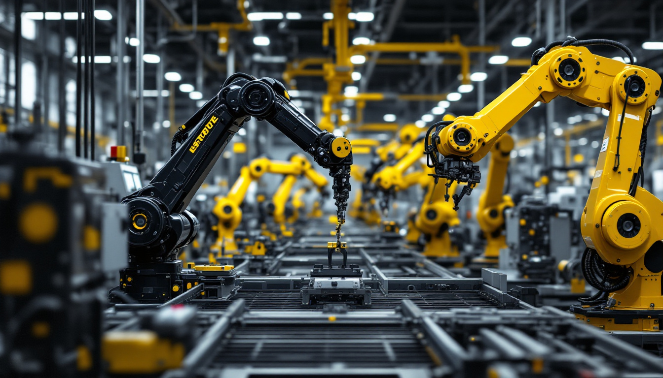A photograph of a bustling industrial environment featuring a variety of robotic arms and automated machinery working collaboratively on an assembly line