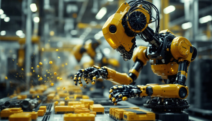 A photograph of a dynamic industrial robot in action