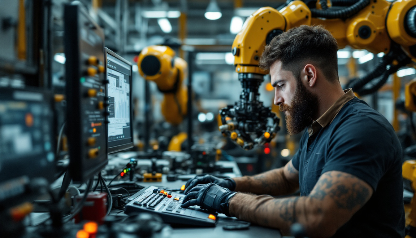 A photograph of a skilled technician programming an industrial robot in a modern manufacturing environment