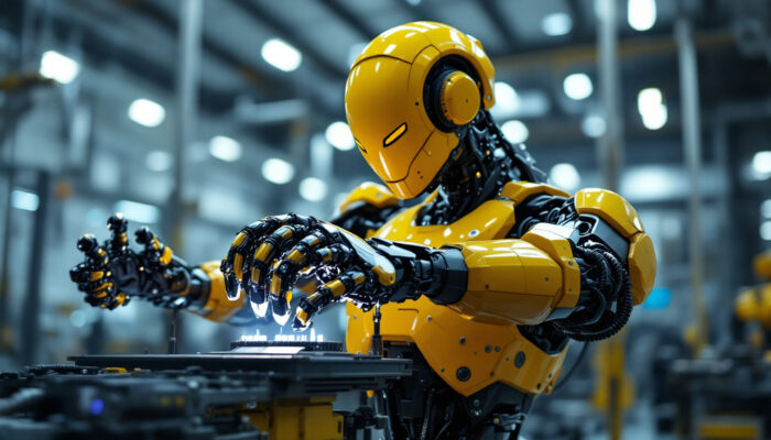 A photograph of a sleek industrial robot in action