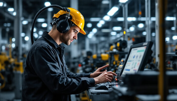 A photograph of a skilled technician programming an industrial robot in a modern manufacturing environment