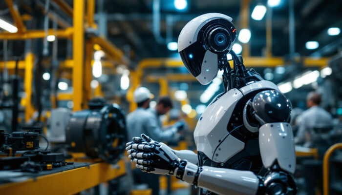 A photograph of a sleek industrial robot in action