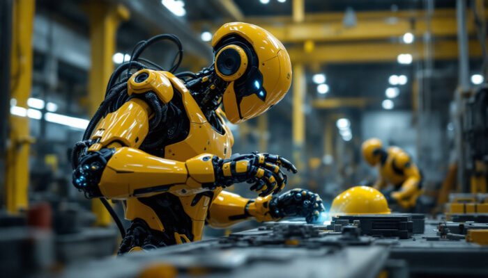 A photograph of capture a photograph of an atlas robot from boston dynamics in action within an industrial setting