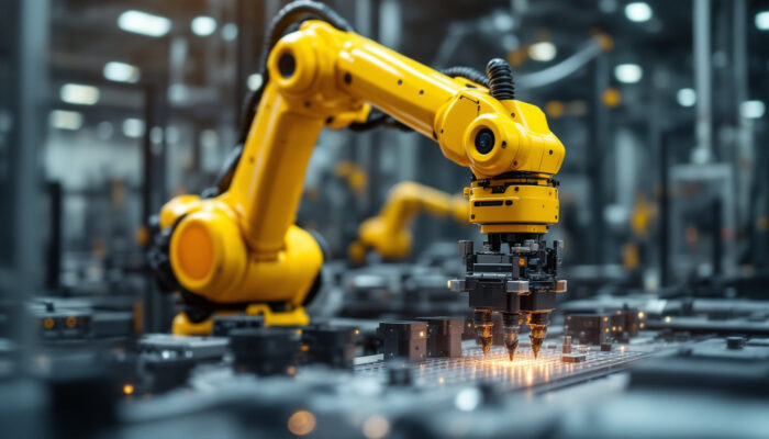 A photograph of a dynamic industrial robotic arm in action within a modern manufacturing environment