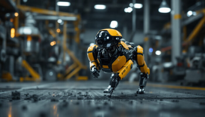 A photograph of capture a photograph of boston dynamics' spot robot dog navigating an industrial environment