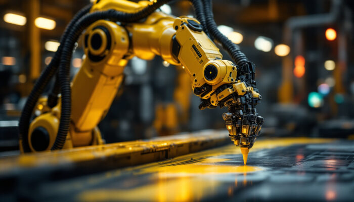 A photograph of a sleek industrial robotic arm in action