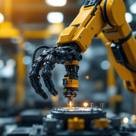 A photograph of a sleek industrial robotic arm in action