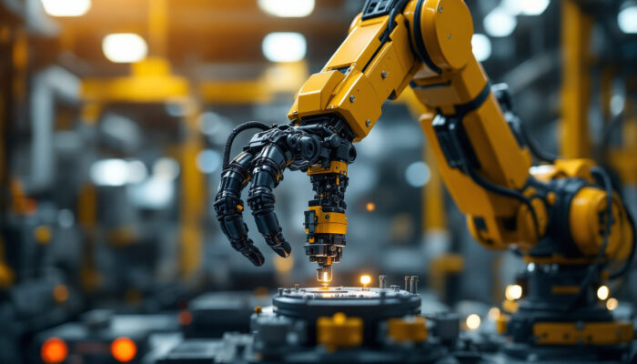 A photograph of a sleek industrial robotic arm in action