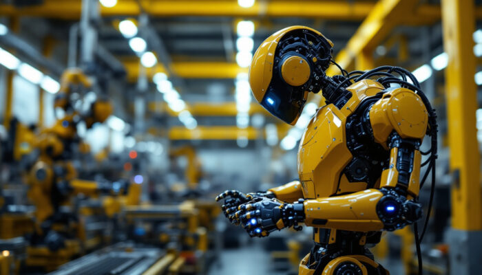 A photograph of a sleek industrial robot in action