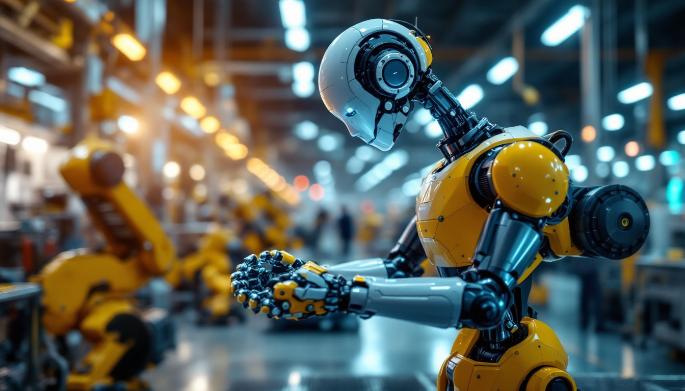 A photograph of a modern industrial robot in action on a factory floor
