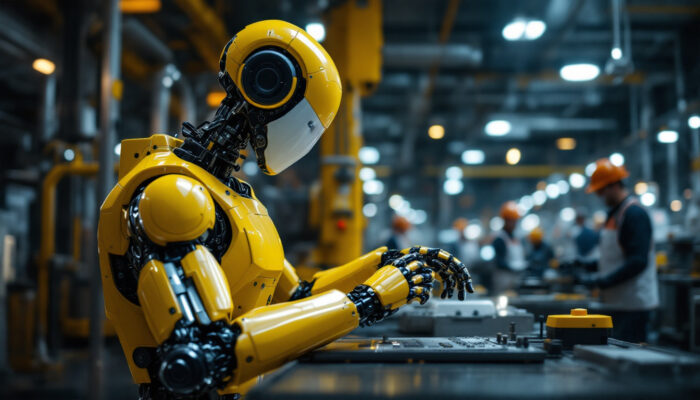 A photograph of a modern industrial robot in action within a manufacturing setting