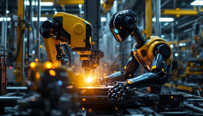 A photograph of a sleek industrial inspection robot in action