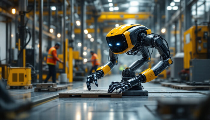 A photograph of a transport robot in action within an industrial setting
