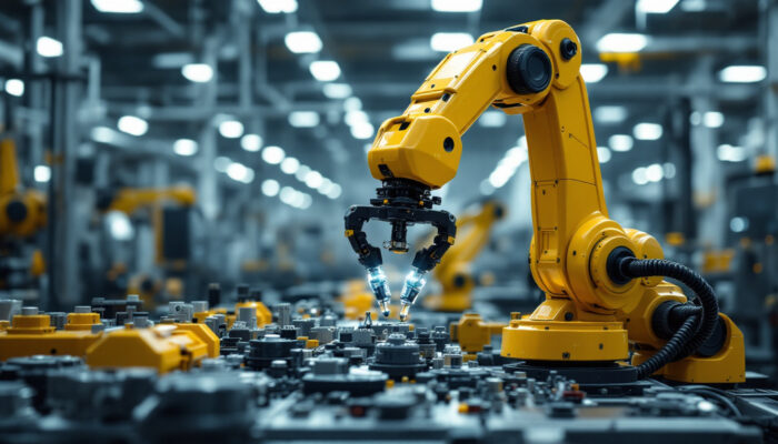 A photograph of capture a photograph of a modern industrial robot in action
