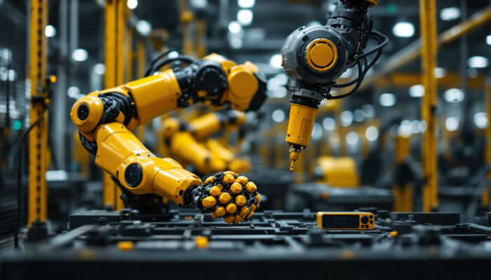A photograph of a modern industrial robot in action within a manufacturing setting