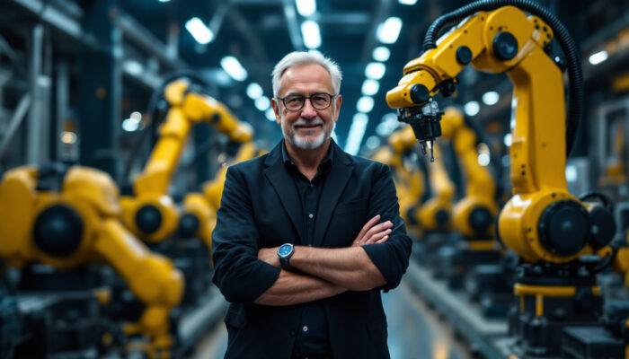 A photograph of capture a photograph of joseph engelberger in a dynamic industrial setting