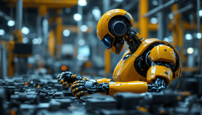 A photograph of a sleek industrial robot in action on a factory floor
