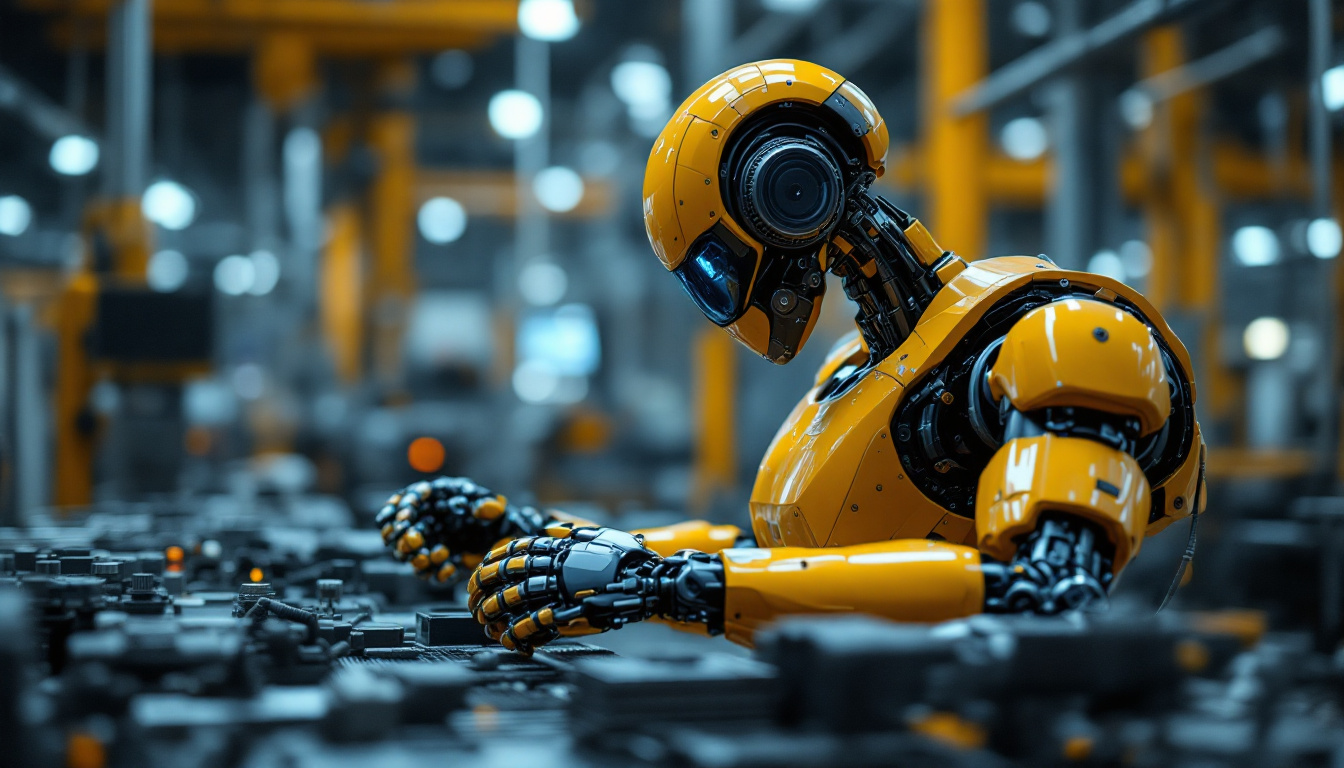 A photograph of a sleek industrial robot in action on a factory floor