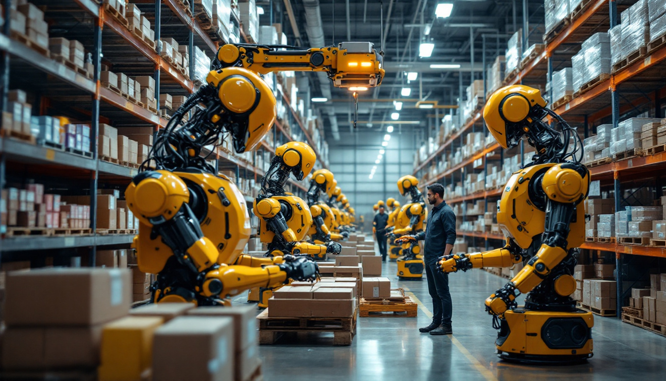 A photograph of a dynamic warehouse scene featuring a variety of industrial robots in action