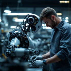 A photograph of a skilled technician assembling an industrial robot in a modern workshop