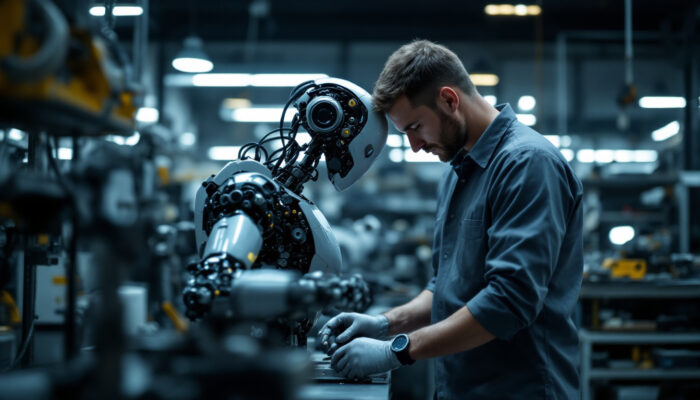 A photograph of a skilled technician assembling an industrial robot in a modern workshop