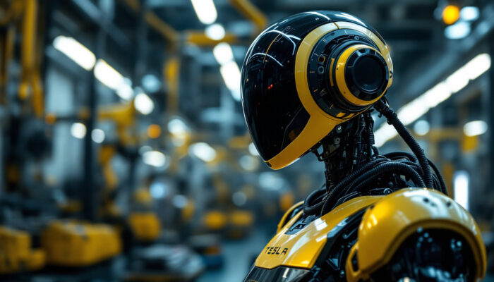 A photograph of a tesla robot in an industrial setting