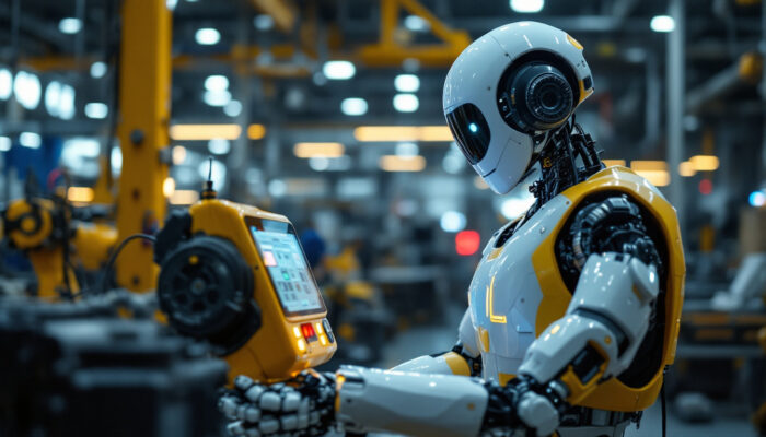 A photograph of a humanoid robot interacting with workers in an industrial setting