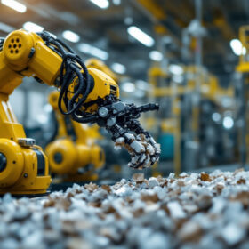 A photograph of a high-tech industrial robot in action