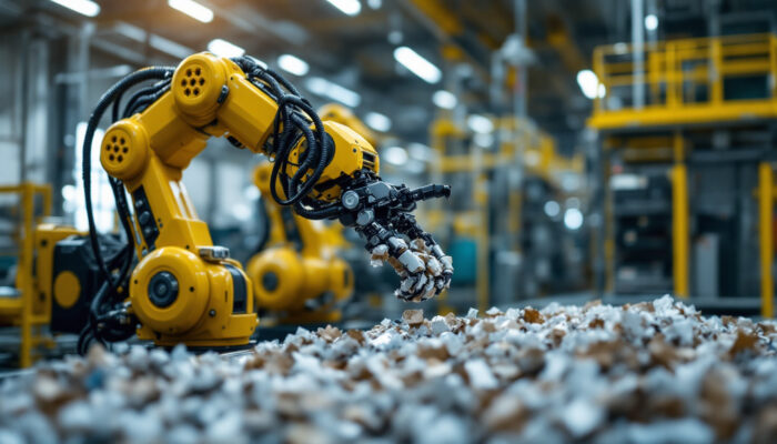 A photograph of a high-tech industrial robot in action