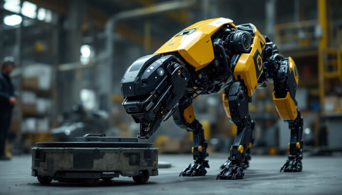 A photograph of a boston dynamics robotic dog in an industrial setting