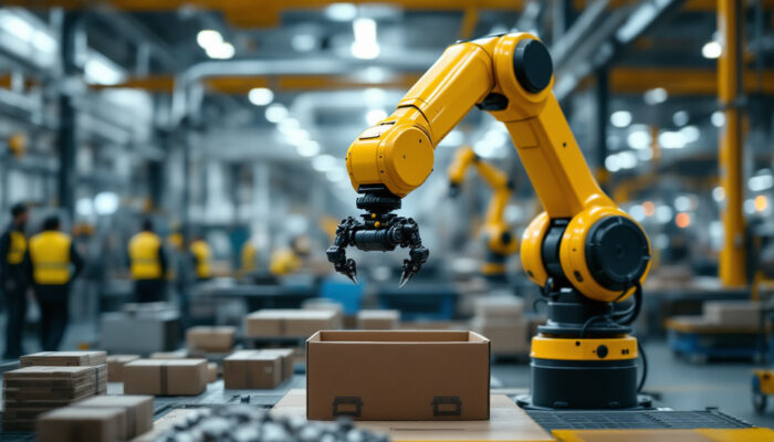 A photograph of a sleek industrial robotic arm