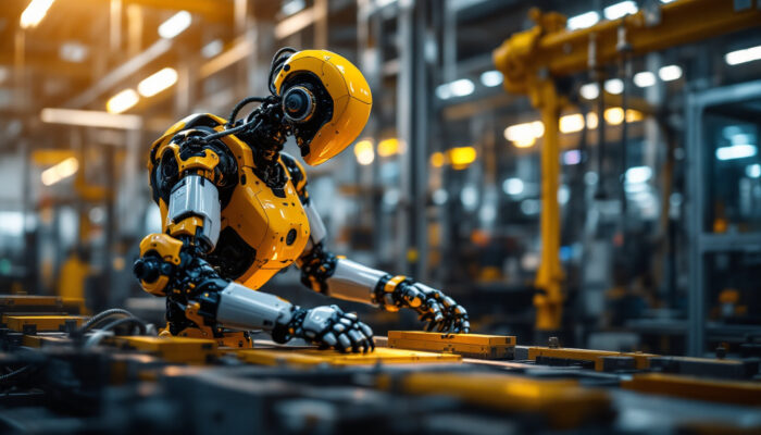 A photograph of capture a photograph of an industrial robot in action within a manufacturing setting