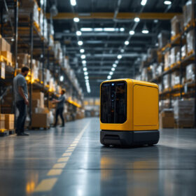 A photograph of a sleek agv robot navigating through a modern industrial warehouse