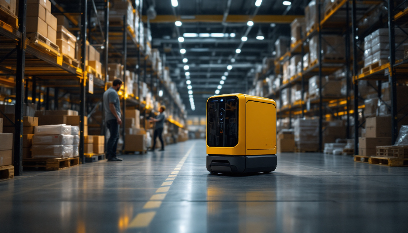 A photograph of a sleek agv robot navigating through a modern industrial warehouse