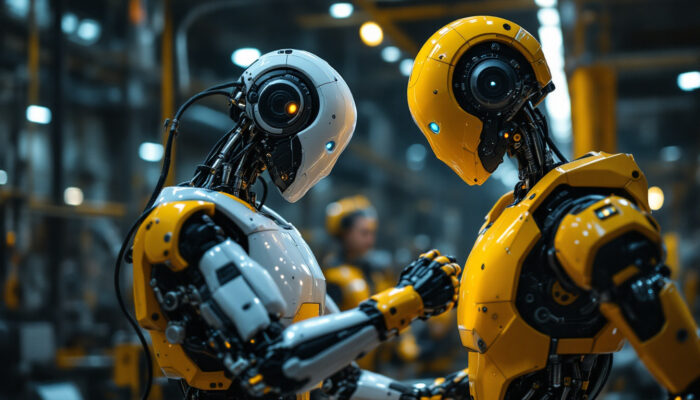 A photograph of a sleek industrial robot in action within a manufacturing environment