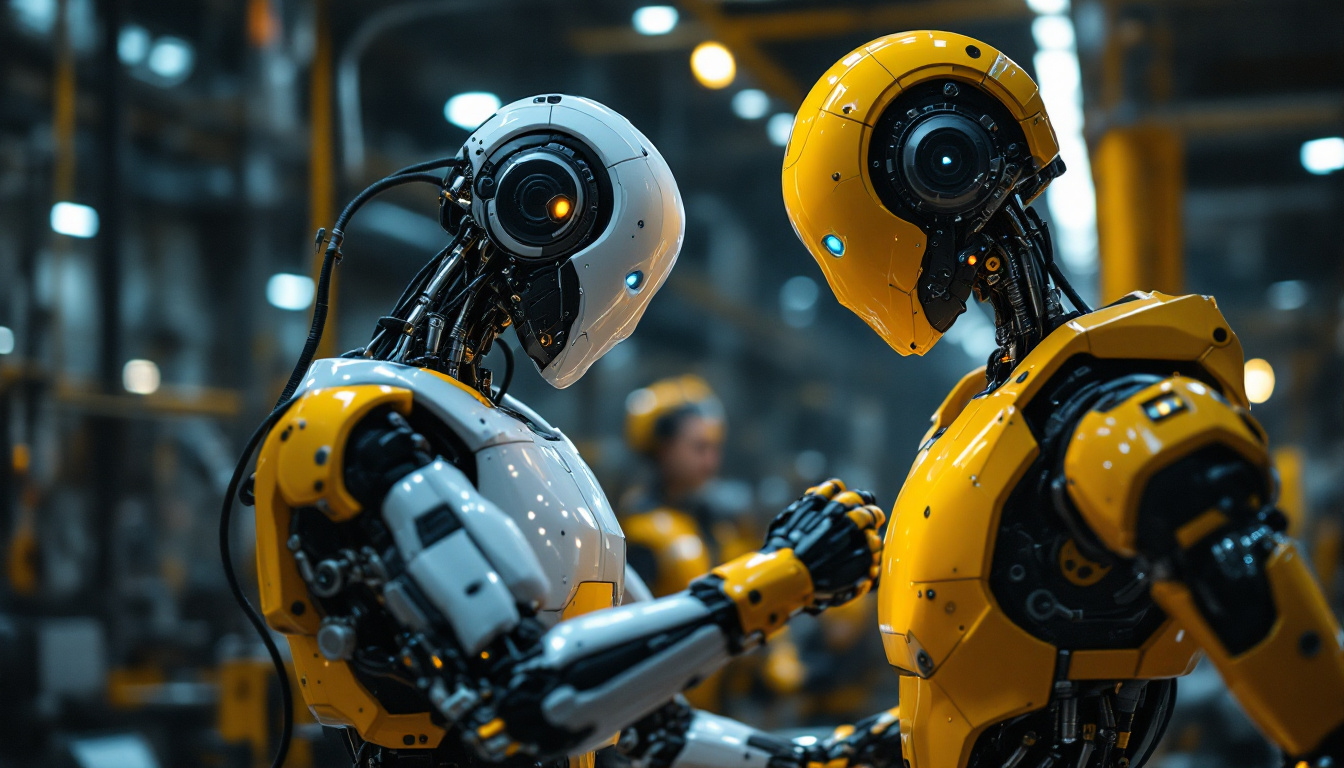 A photograph of a sleek industrial robot in action within a manufacturing environment