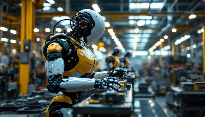 A photograph of a modern industrial robot in action on a factory floor