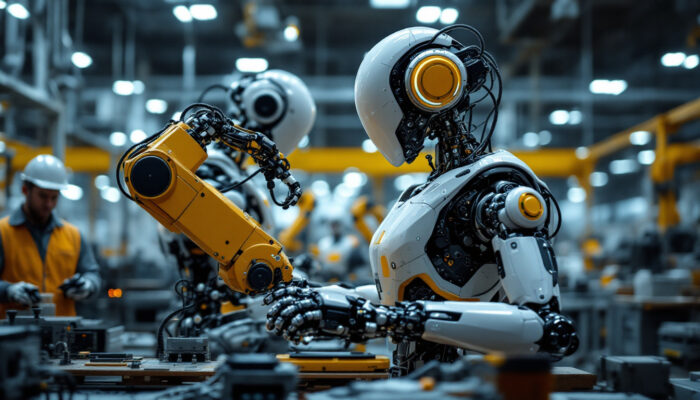 A photograph of a modern industrial robot in action within a manufacturing setting