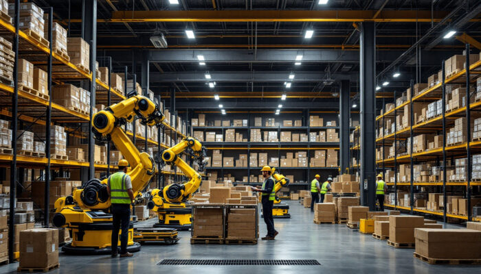 A photograph of a modern warehouse environment showcasing industrial robots in action