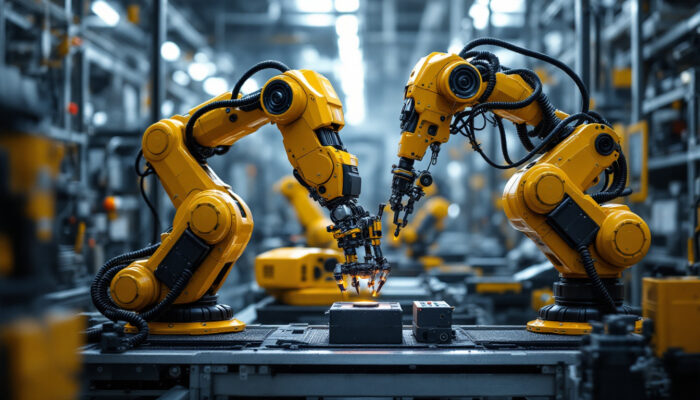 A photograph of capture a photograph of a modern industrial robot in action on a factory floor