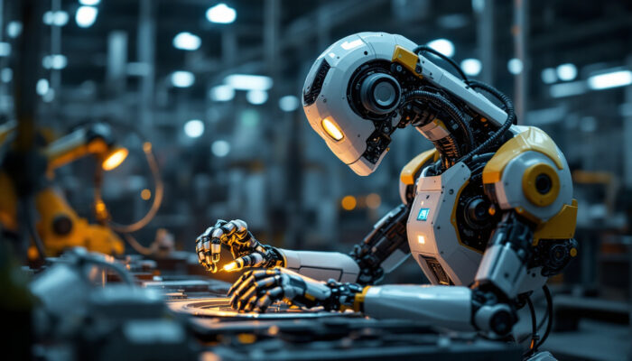 A photograph of a modern industrial robot in action