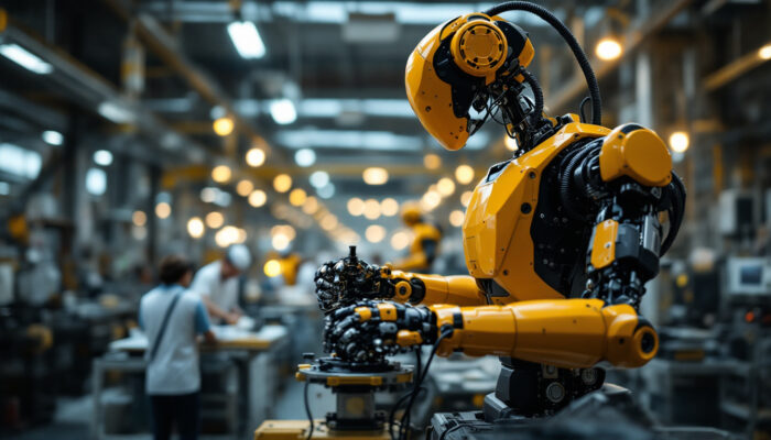 A photograph of capture a photograph of an industrial robot in action within a vietnamese manufacturing facility