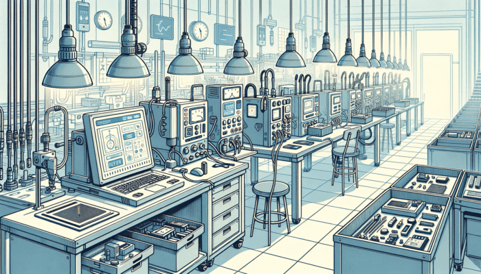 An end-of-line testing station featuring various electronic devices being inspected