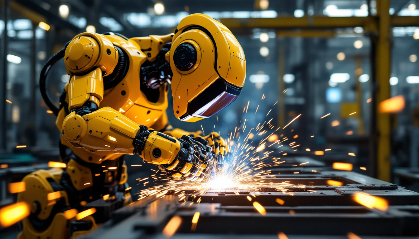 A photograph of a robotic welder in action